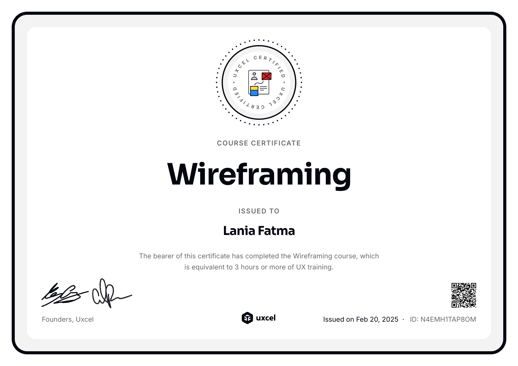 Lania Fatma's certificate